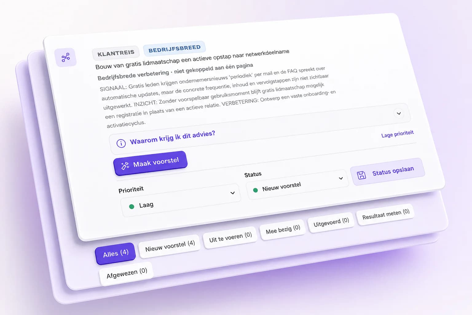 Uitvergrote verbeterkans met onderbouwing, prioriteit en status in Bedrijfsbrein
